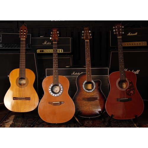 618 - Hondo H124BUR acoustic guitar with soft bag; together with an Encore and a Martin Smith bowl back ac... 