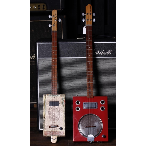 687 - Two Capo Custom electric cigar box guitars, one three string, one four string (2)