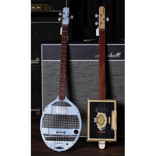 690 - Novelty three string electric racquet guitar; together with a three string cigar box guitar (2)... 