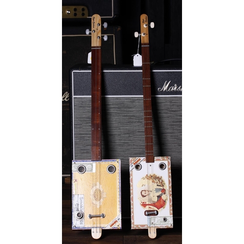 694 - Capo Custom three string cigar box guitar; together with a Capo Custom two string electric cigar box... 