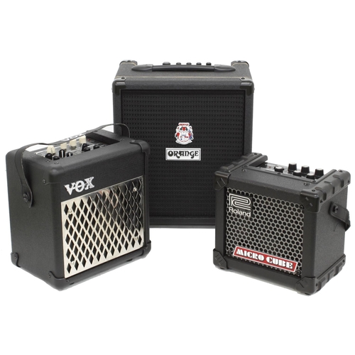 845 - Orange Amplification Crush Bass 25 bass guitar amplifier combo, boxed; together with a Vox Mini 5 am... 