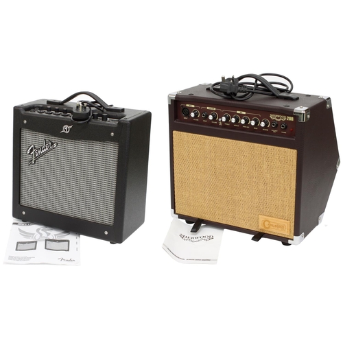 855 - Fender Mustang I guitar amplifier; together with a Carlsbro Sherwood 20R guitar amplifier (2)*Please... 