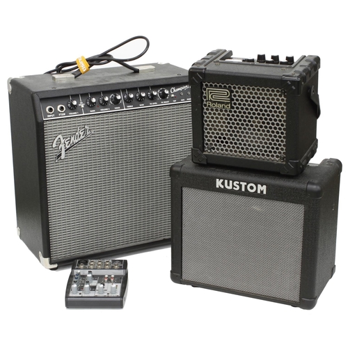 879 - Fender Champion 40 guitar amplifier; together with a Roland Micro Cube amplifier, a Kustom KBA10 amp... 