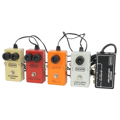 Collection of four pre wired MXR effects pedals with Power Converter to include a Phase 90, a Dyna Comp, an Envelope Filter and a Noise Gate Line Driver