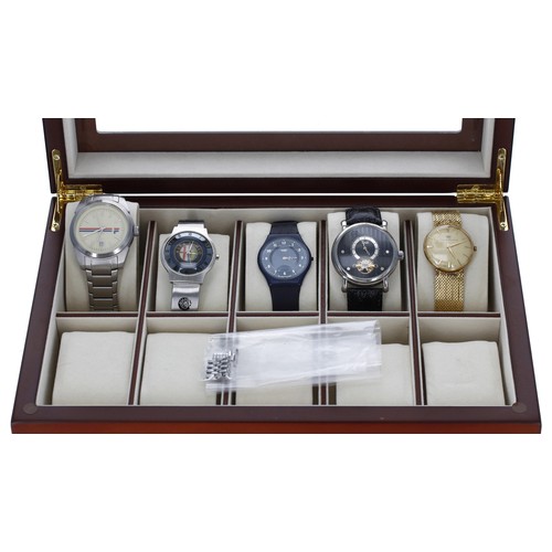 161 - Five assorted gentleman's wristwatches contained within a ten piece watch storage box, with glazed h... 