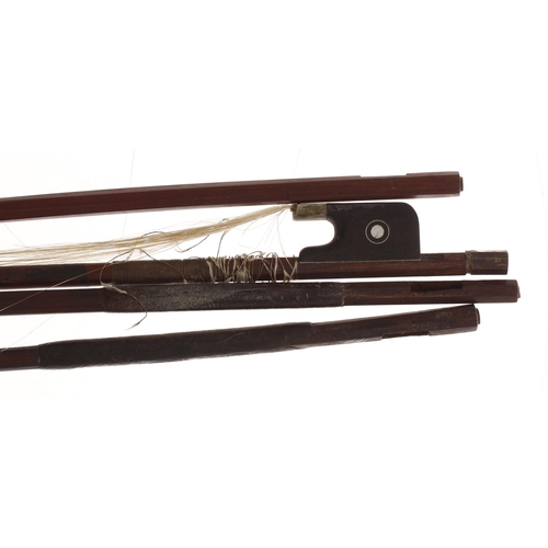 2204 - Nickel mounted violin bow; also three old violin bow sticks (4)