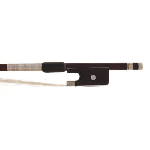 2230 - Good nickel mounted violoncello bow, unstamped, the stick octagonal, the ebony frog inlaid with pear... 