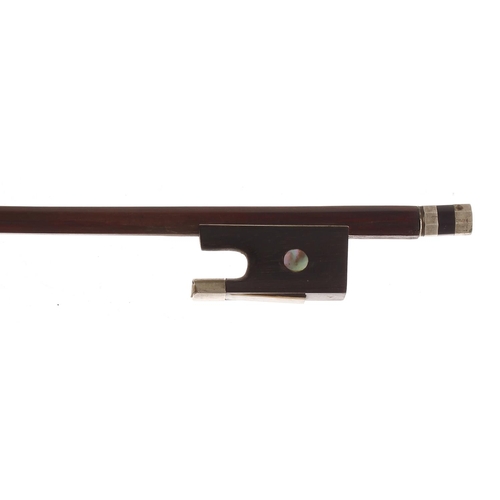 2252 - French nickel mounted violin bow of the Maire-Pajeot School, the stick round, the ebony frog inlaid ... 