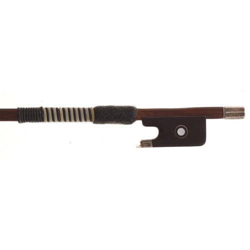 2257 - English silver mounted violin bow faintly stamped Hill & Sons, the stick octagonal, the ebony fr... 