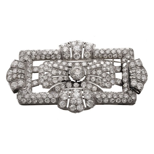 336 - Fine Art Deco platinum diamond set brooch, with safety chain, the old-cut centre diamond 0.55ct appr... 