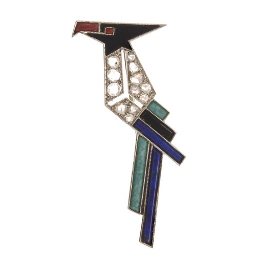 347 - Good stylised 18ct white gold eagle brooch, set with black onyx, rose-cut diamonds, coral, jade and ... 