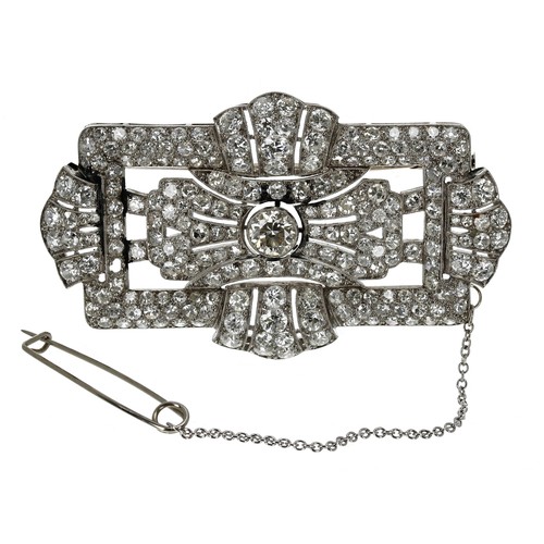 336 - Fine Art Deco platinum diamond set brooch, with safety chain, the old-cut centre diamond 0.55ct appr... 