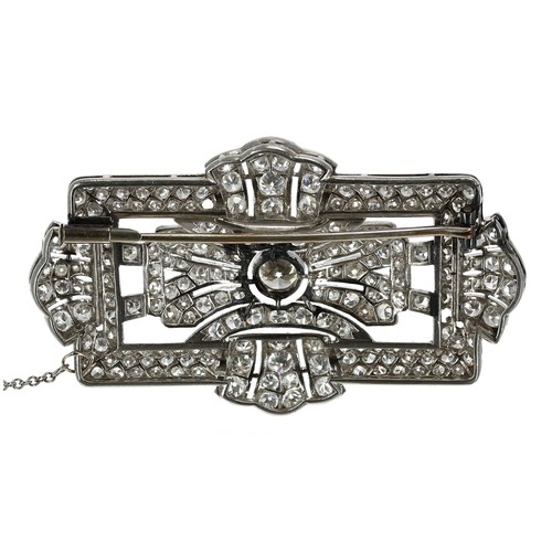 336 - Fine Art Deco platinum diamond set brooch, with safety chain, the old-cut centre diamond 0.55ct appr... 