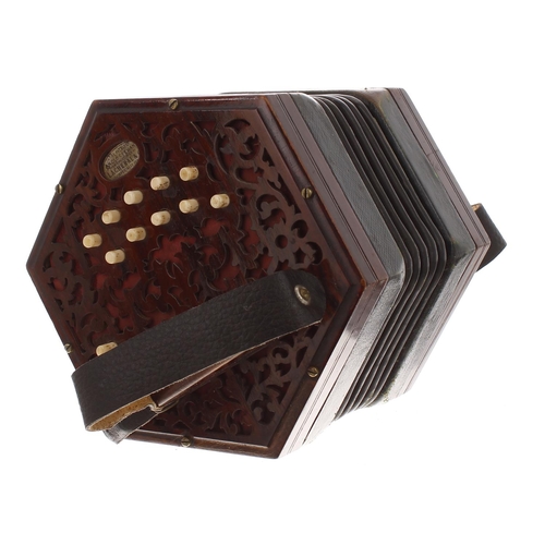 1608 - Lachenal & Co Anglo concertina, with twenty-one bone buttons on foliate pierced wooden ends, fiv... 