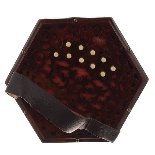 1608 - Lachenal & Co Anglo concertina, with twenty-one bone buttons on foliate pierced wooden ends, fiv... 