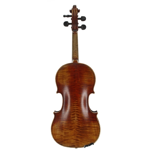 2401 - Interesting 19th century French violin, unlabelled, the two piece back of faint medium curl with sim... 