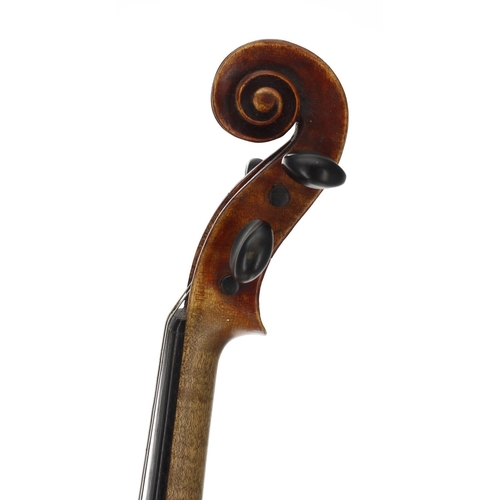 2401 - Interesting 19th century French violin, unlabelled, the two piece back of faint medium curl with sim... 