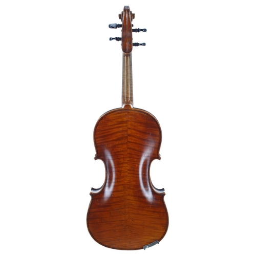 2404 - Late 19th century French violin, unlabelled, the two piece back of medium broad curl with similar wo... 