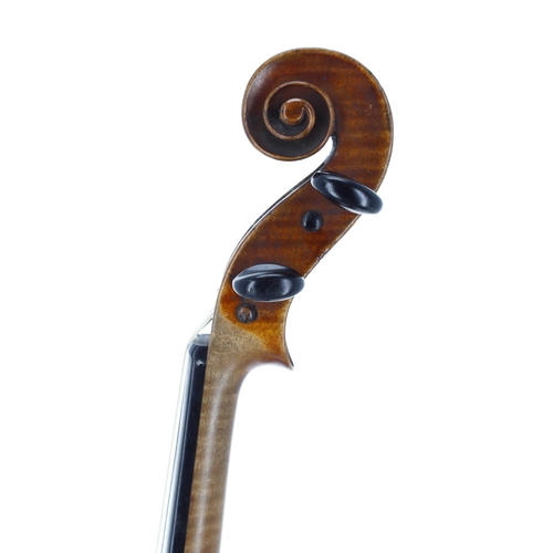 2404 - Late 19th century French violin, unlabelled, the two piece back of medium broad curl with similar wo... 