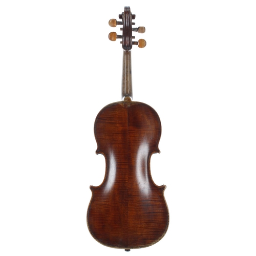 2406 - Interesting late 18th/early 19th century violin in need of restoration, unlabelled, the two piece ba... 