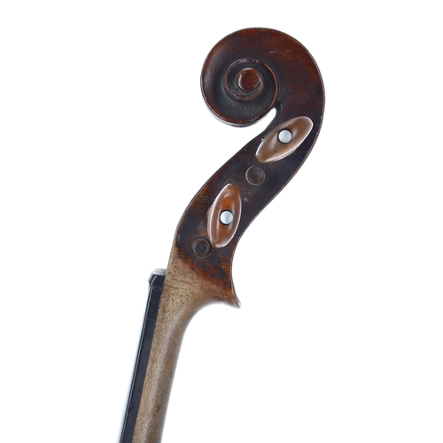 2406 - Interesting late 18th/early 19th century violin in need of restoration, unlabelled, the two piece ba... 