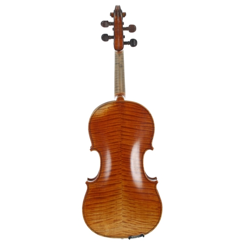 2409 - Good French Stradivari copy violin circa 1900, the two piece back of medium curl with similar wood t... 