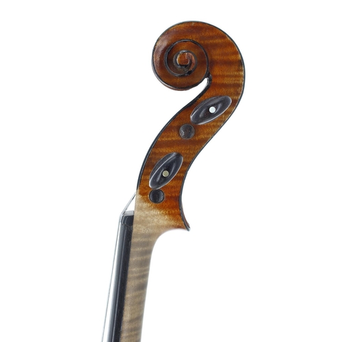 2409 - Good French Stradivari copy violin circa 1900, the two piece back of medium curl with similar wood t... 