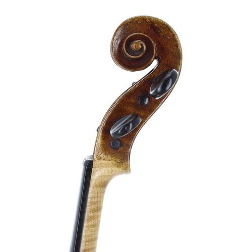 2435 - Interesting 19th century violin, possibly English circa 1830, unlabelled, the two piece back of fain... 