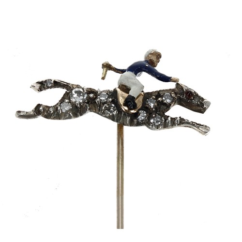 333 - Victorian novelty gold and enamel rose diamond set stick pin, depicting a jockey and racehorse with ... 