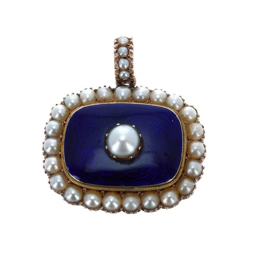 342 - Attractive Victorian gold pearl set blue guilloché enamel pendant, with a vacant hinged glazed locke... 