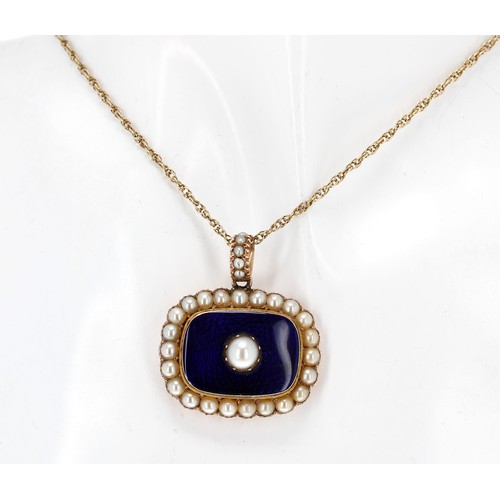 342 - Attractive Victorian gold pearl set blue guilloché enamel pendant, with a vacant hinged glazed locke... 