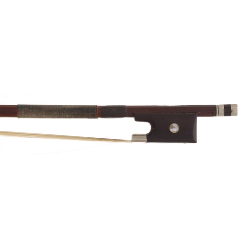 2225 - French JTL nickel mounted violin bow, unstamped, the stick round, the ebony frog inlaid with pearl e... 