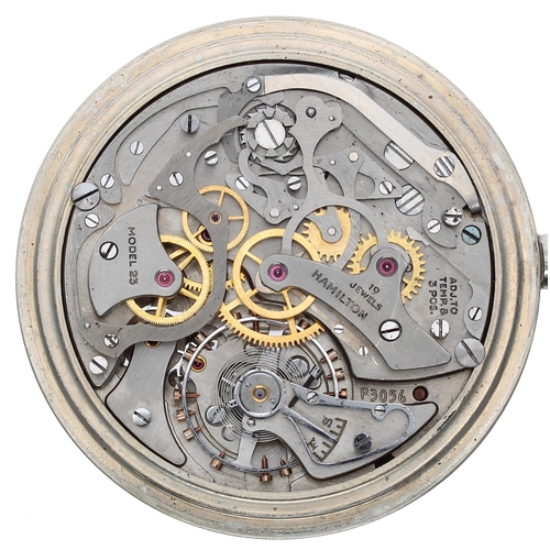 522 - Hamilton single push button centre seconds chronograph base metal lever pocket watch, signed Model 2... 
