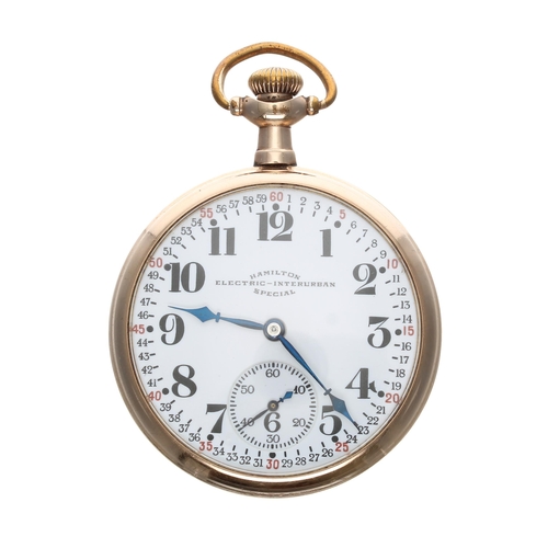 528 - Hamilton Watch Co. 'Electric-Interurban Special' gold plated lever pocket watch, circa 1929, signed ... 
