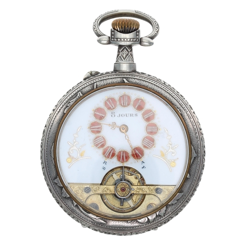 564 - Hebdomas style 8 days white metal floral embossed pocket watch, the decorated dial with red enamelle... 