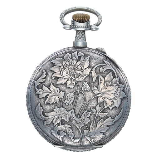 564 - Hebdomas style 8 days white metal floral embossed pocket watch, the decorated dial with red enamelle... 