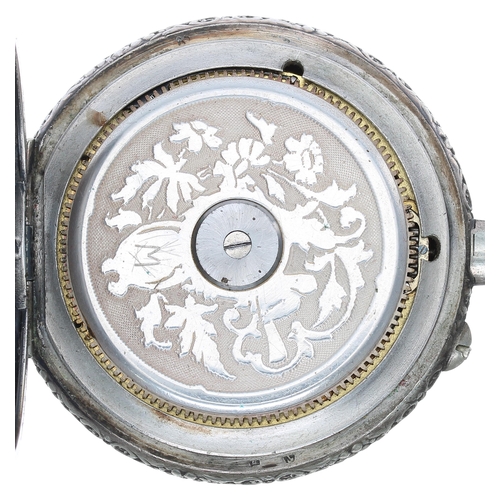 564 - Hebdomas style 8 days white metal floral embossed pocket watch, the decorated dial with red enamelle... 