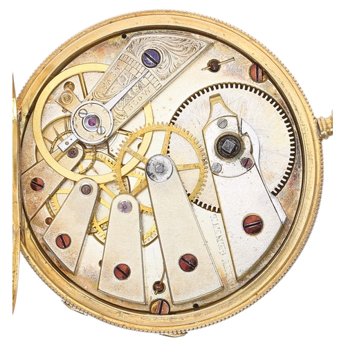 569 - Swiss 18ct duplex pocket watch, the movement signed Mottu, Geneve, with gilt flat three arm balance ... 