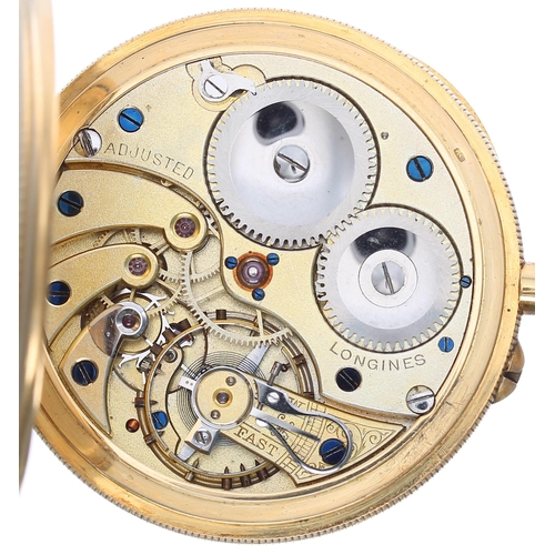 623 - Longines 18ct lever pocket watch, signed gilt frosted adjusted movement with compensated balance and... 