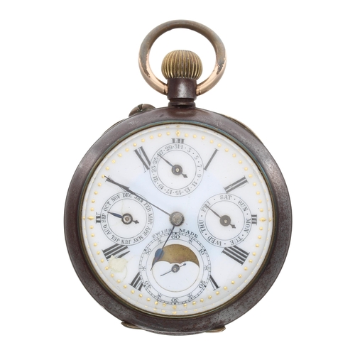 625 - Swiss gunmetal calendar pocket watch, the bar lever movement, no. 15796, with compensated balance an... 