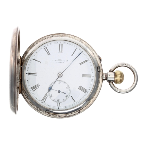 626 - Victorian silver lever hunter pocket watch by Dent, London, London 1891, gilt three quarter plate mo... 