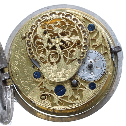 692 - English 18th century silver verge pair cased pocket watch, London 1758, the fusee movement signed Jo... 