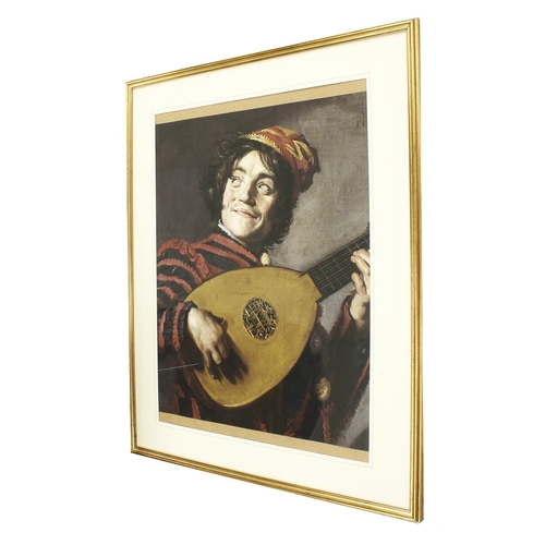 1328 - Copy poster print of Frans Hals 1624 'The Lute Player', framed, 36.5