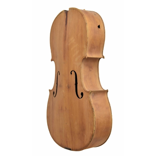 2504 - Old unvarnished violoncello body in need of restoration, 29 1/2