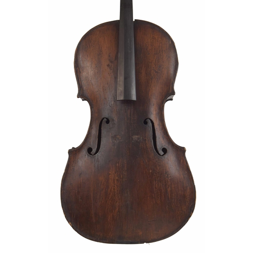 2513 - 19th century violoncello in need of restoration and bearing an illegible label, 30 3/4