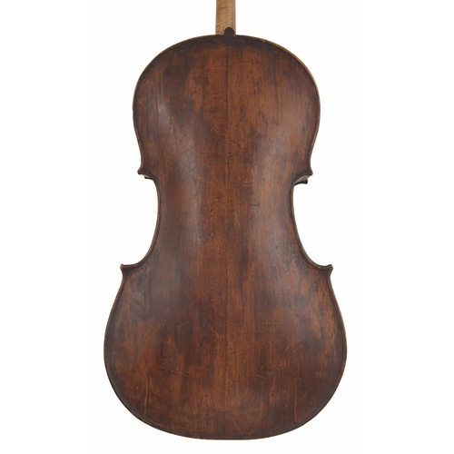 2513 - 19th century violoncello in need of restoration and bearing an illegible label, 30 3/4