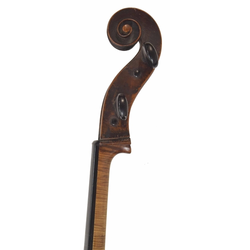 2513 - 19th century violoncello in need of restoration and bearing an illegible label, 30 3/4