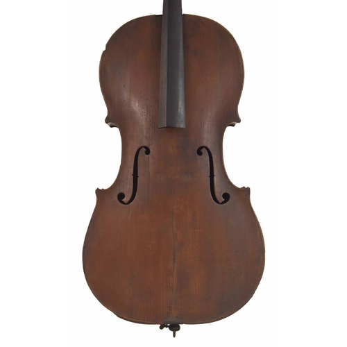 2514 - Late 19th century German violoncello in need of restoration and labelled George Kloz..., 28 3/4