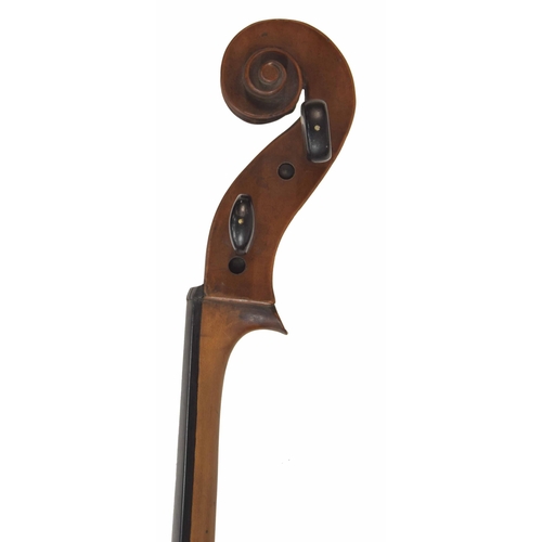 2514 - Late 19th century German violoncello in need of restoration and labelled George Kloz..., 28 3/4