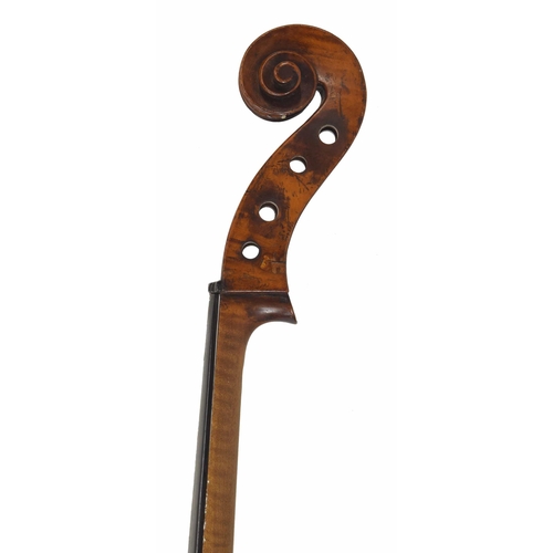 2519 - Interesting 19th century violoncello of the Paris School, the two piece back of faint medium curl wi... 